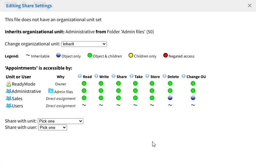 A screenshot of the “Editing Share Settings” window in Readymode.