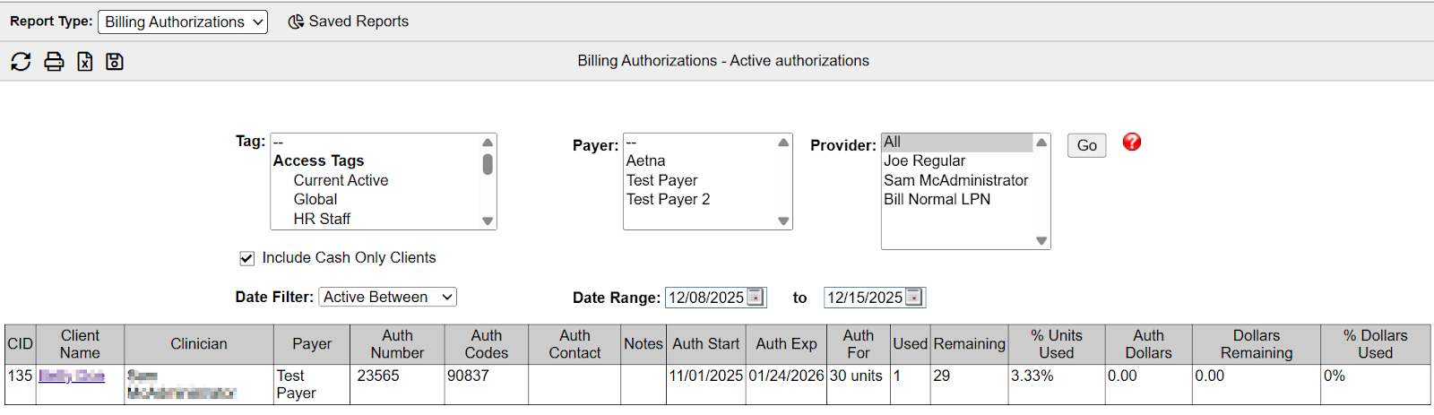 Billing Authorizations report screenshot