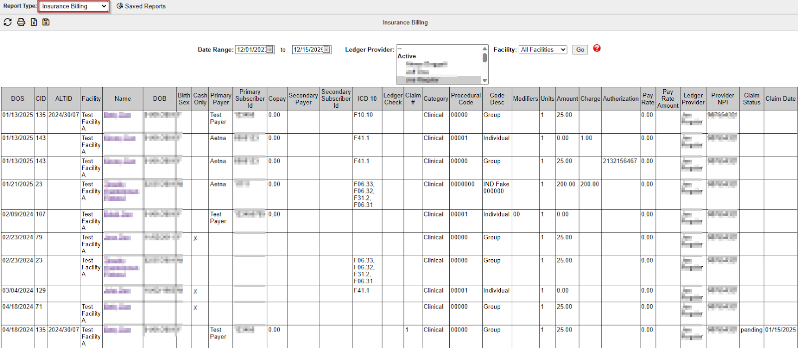 Insurance Billing report screenshot