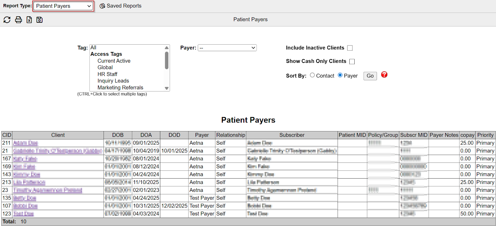Patient Payers report screenshot