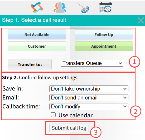 Screenshot of the call disposition panel with follow-up settings in Readymode