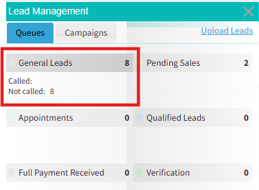 Screenshot of the Lead Management panel in Readymode with the General Leads queue highlighted, showing 8 leads total and 8 not yet called.