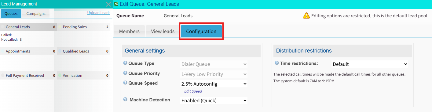 Screenshot of the Readymode Edit Queue: General Leads screen with the Configuration tab highlighted, showing queue settings such as queue type, priority, speed, machine detection, and distribution restrictions.