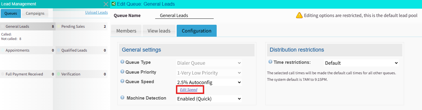 Screenshot of the Readymode Edit Queue: General Leads configuration screen showing General settings, with Queue Speed set to 2.5% Autoconfig and the Edit Speed link highlighted below it, alongside distribution restrictions on the right.