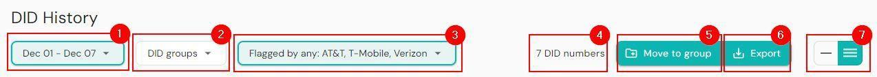 Readymode DID History filters and actions bar showing date range selector, DID groups filter, carrier flag filter, DID count, move to group and export options, and display view controls.
