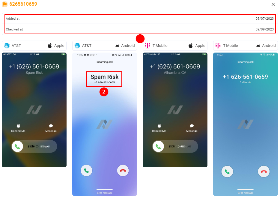 Readymode DID Reputation call image details view showing when a phone number was added and last checked, along with carrier-specific call images from AT&T and T-Mobile indicating spam risk on Apple and Android devices.