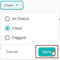 Readymode DID Reputation status filter dropdown showing options for all statuses, clean, or flagged, with the Apply button selected.