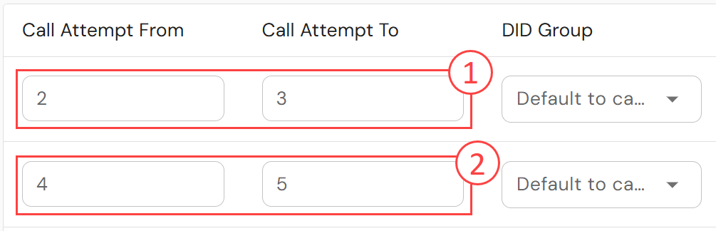 Readymode Call Cadence custom rules table showing two rule rows, with Call Attempt From and To fields set to 2–3 in the first row and 4–5 in the second row.