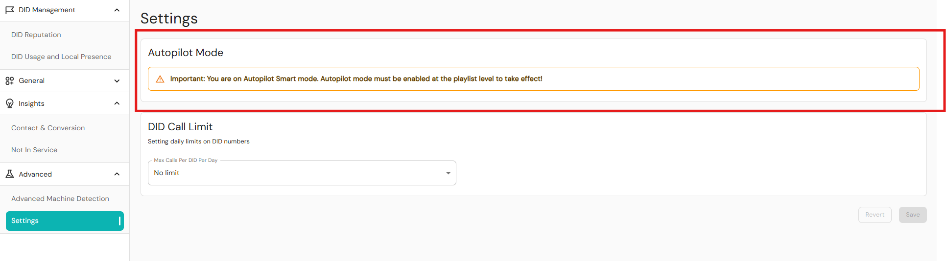 Autopilot Mode settings page in Readymode iQ showing an alert that Autopilot Smart Mode is enabled and must be activated at the playlist level.