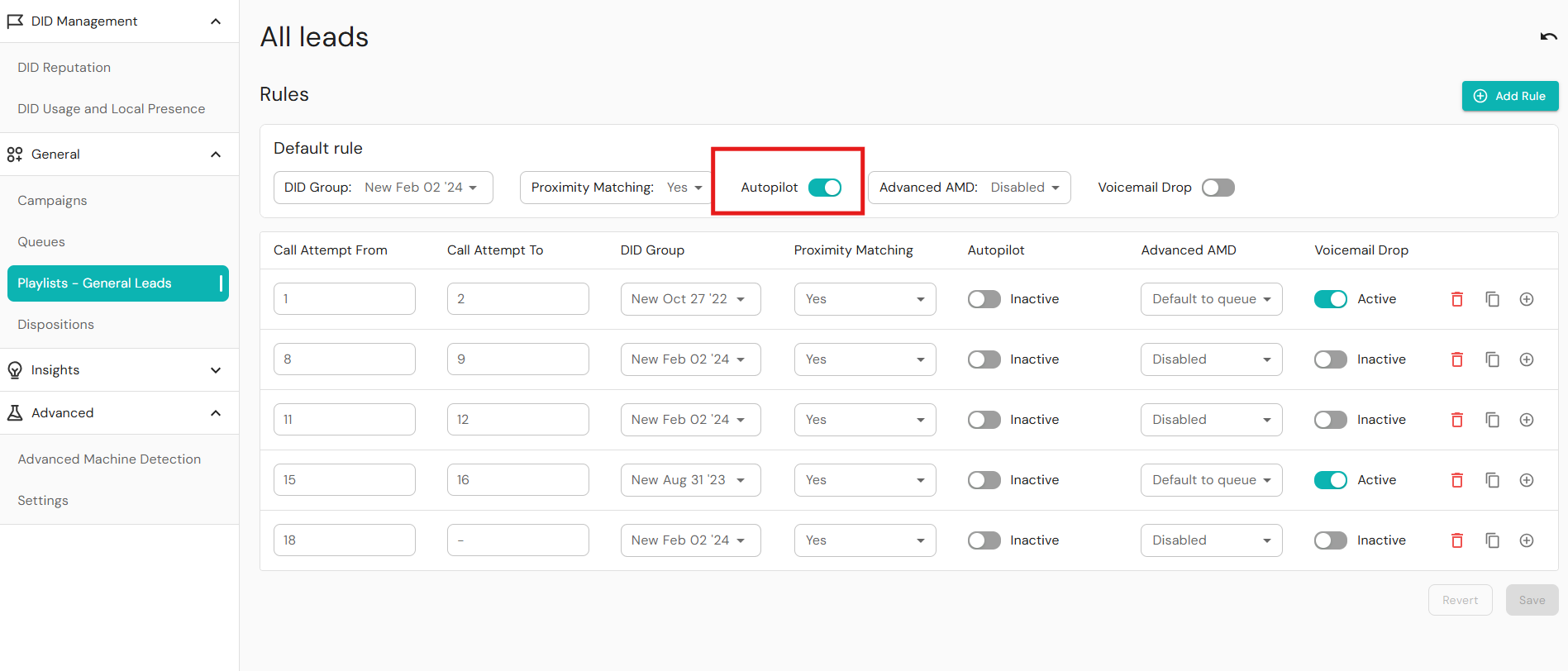 Readymode iQ Playlists settings page showing the Default rule with the Autopilot toggle enabled, alongside DID group, proximity matching, and call attempt rules.