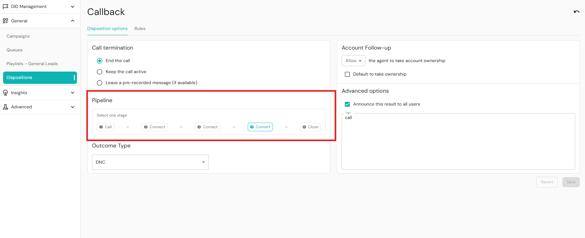 Dispositions area Pipeline section in Readymode iQ.