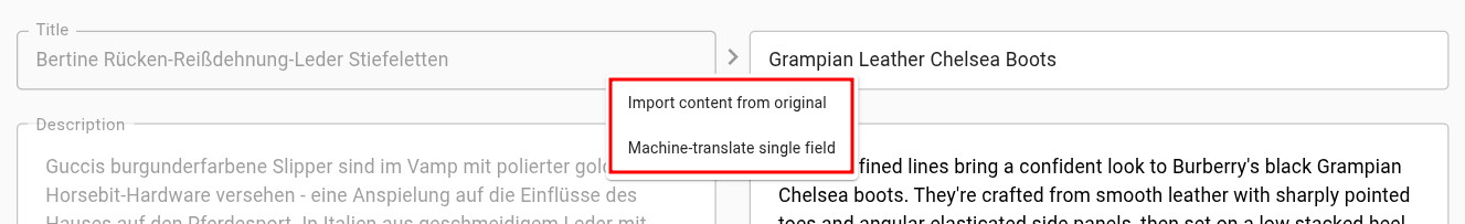 Options available when clicking the middle arrow (Import from original and Machine-translate single field)