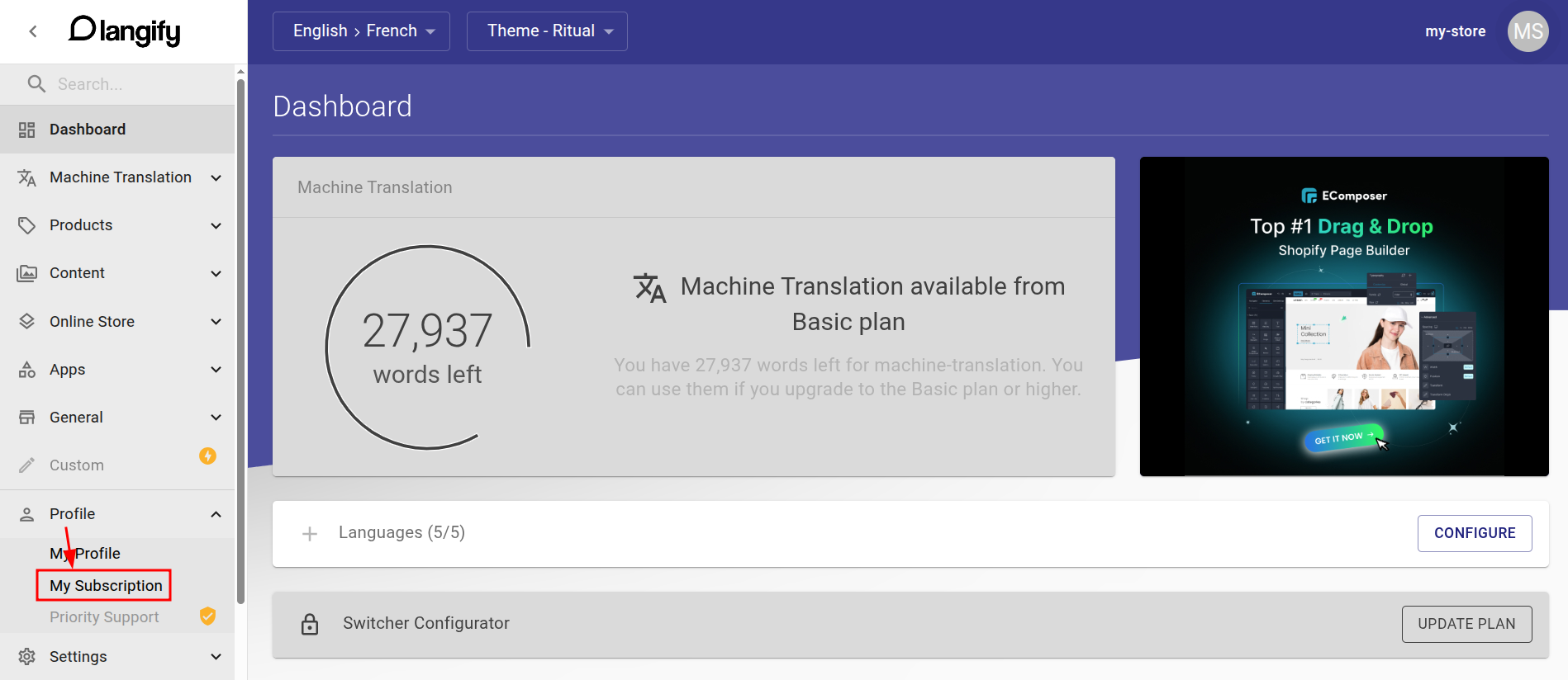 My Subscription option location within the langify navigation bar