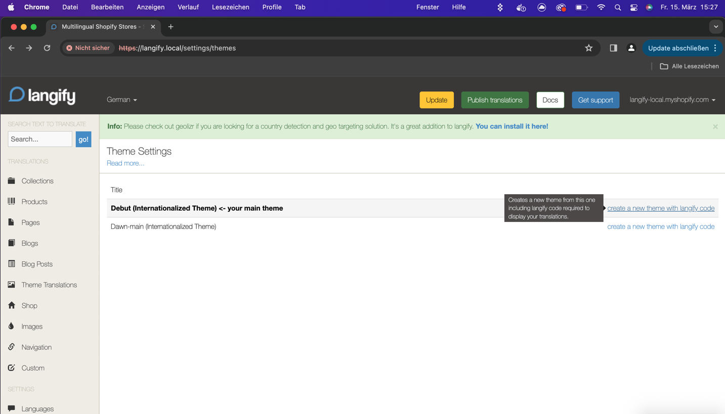 The "create a new theme with langify code" option on the right hand side, in blue