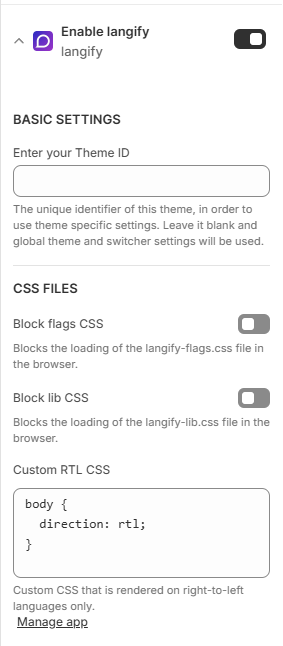 A view of the Embedded App section of langify, with all its options