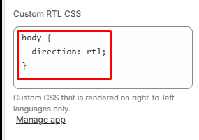 Custom RTL CSS field in the langify app embed settings.