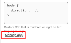 "Manage app" link displayed at the end of the langify embedded app settings