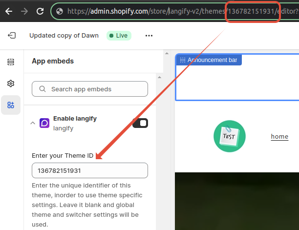 How to find the current theme's ID in the URL in order to add it into the field of the langify embedded app settings