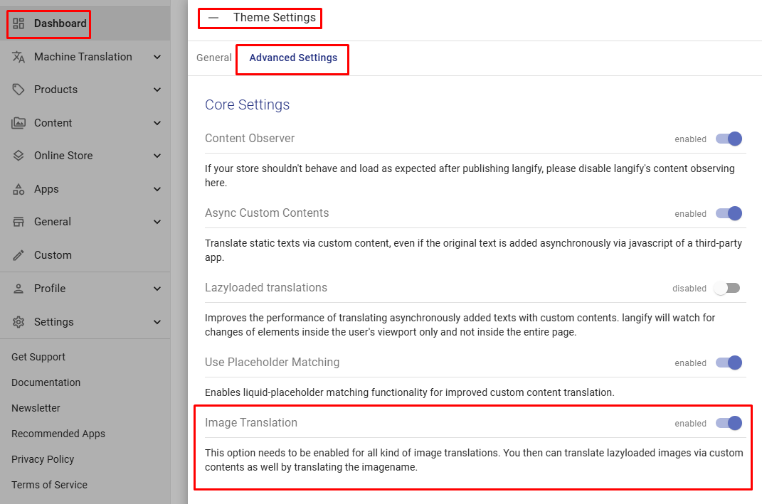 Screenshot showing the Image Translation option in langify Advanced Settings
