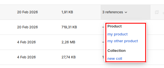 Screenshot showing the References link in Shopify Files