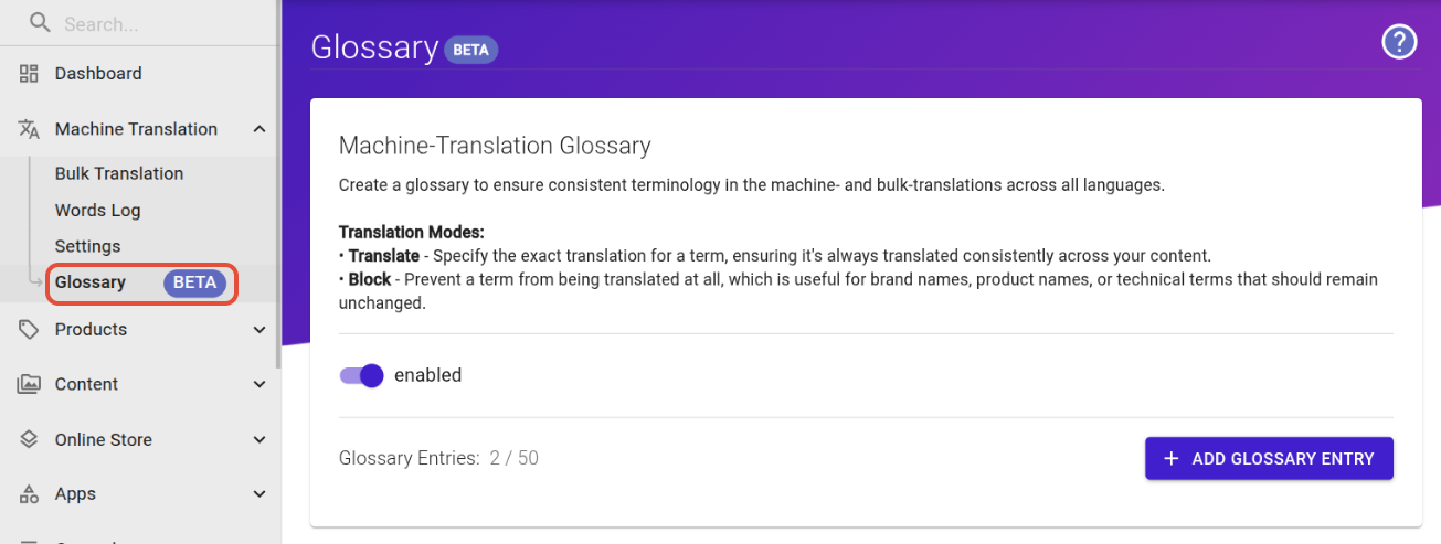 The langify Machine Translation menu with the Glossary option highlighted, showing the Machine-Translation Glossary page with an Add Glossary Entry button