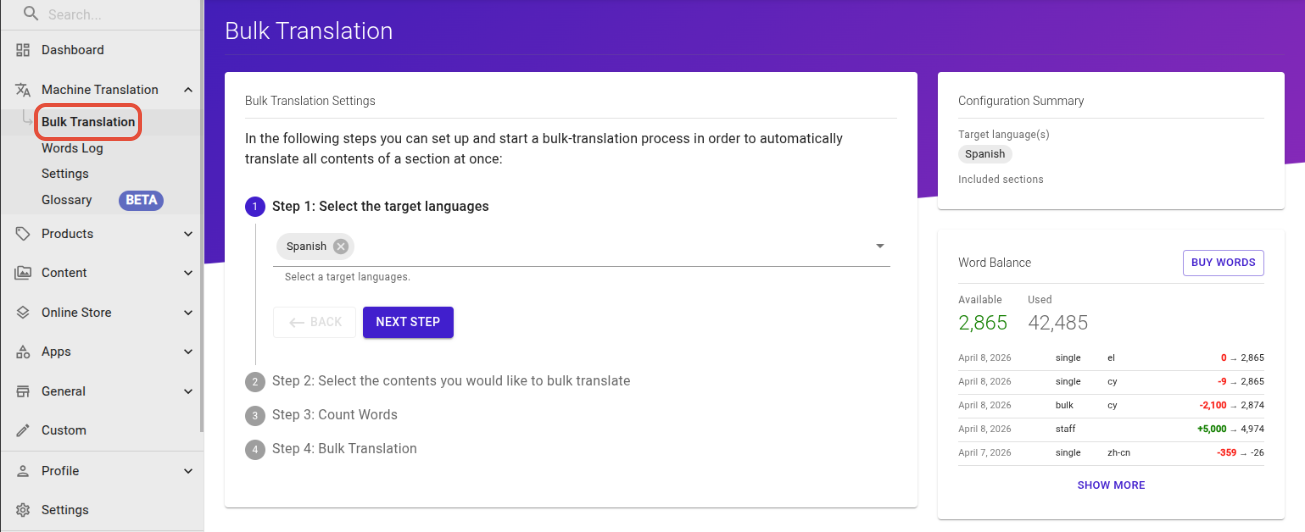 The user can bulk translate from the Bulk Translation option in the left hand menu