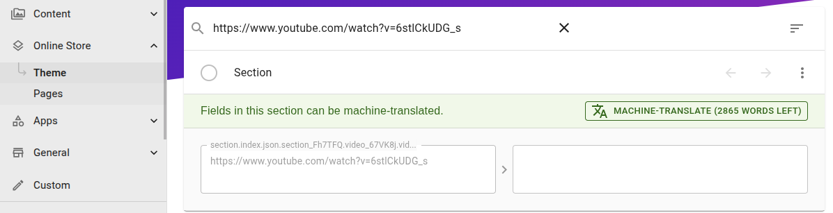 langify Theme section with a search result for the YouTube video URL