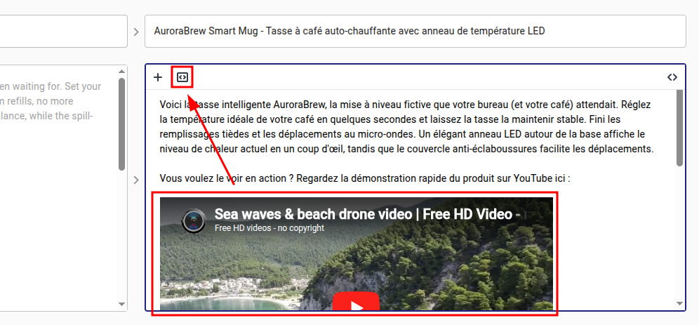 langify rich-text-editor on a product description showing the video embed option