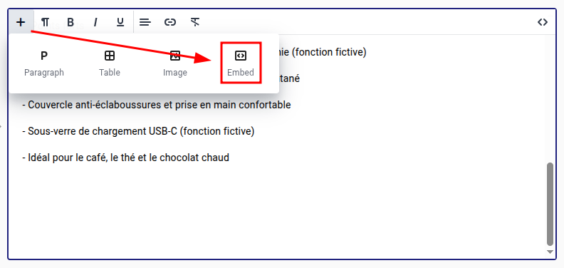 langify rich-text-editor showing the option to add a new video within the description