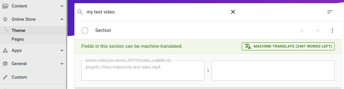 langify Theme section with a search result for the URL of a video uploaded to Shopify