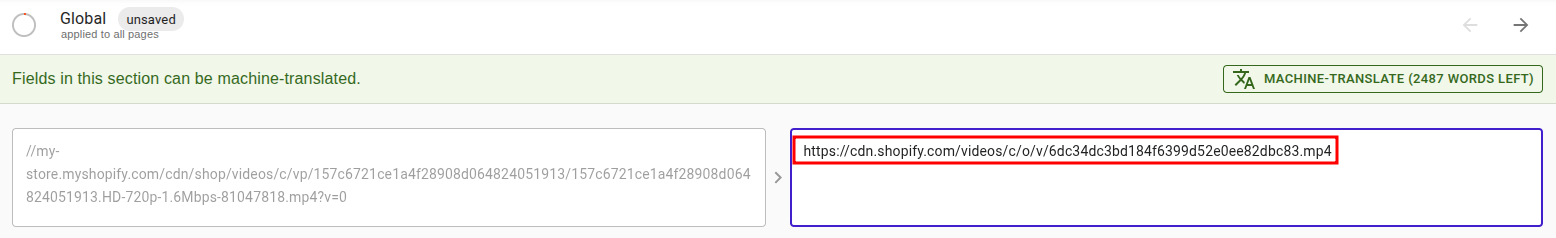 Entering the translated video URL in langify