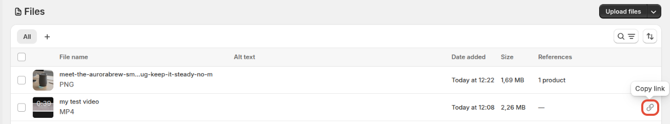 Copying the file URL from Shopify Files