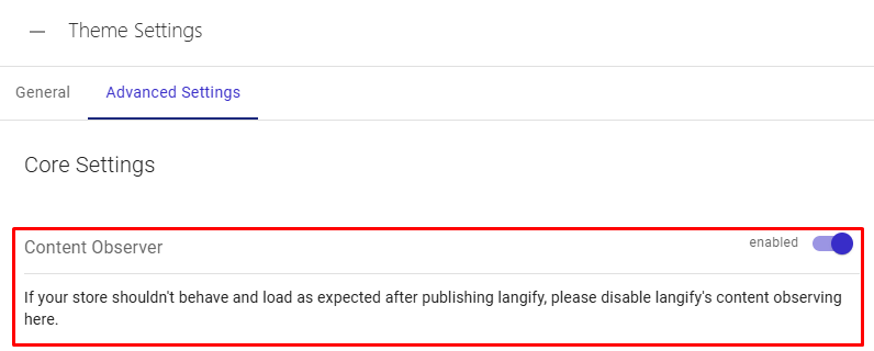 The Mutation Observer toggle in the langify Advanced Settings.
