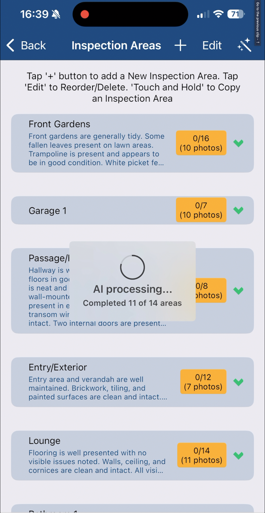 AI processing screen showing progress across inspection areas