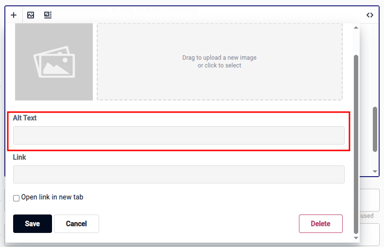 langify rich-text-editor with modal to edit image settings, including the alt text