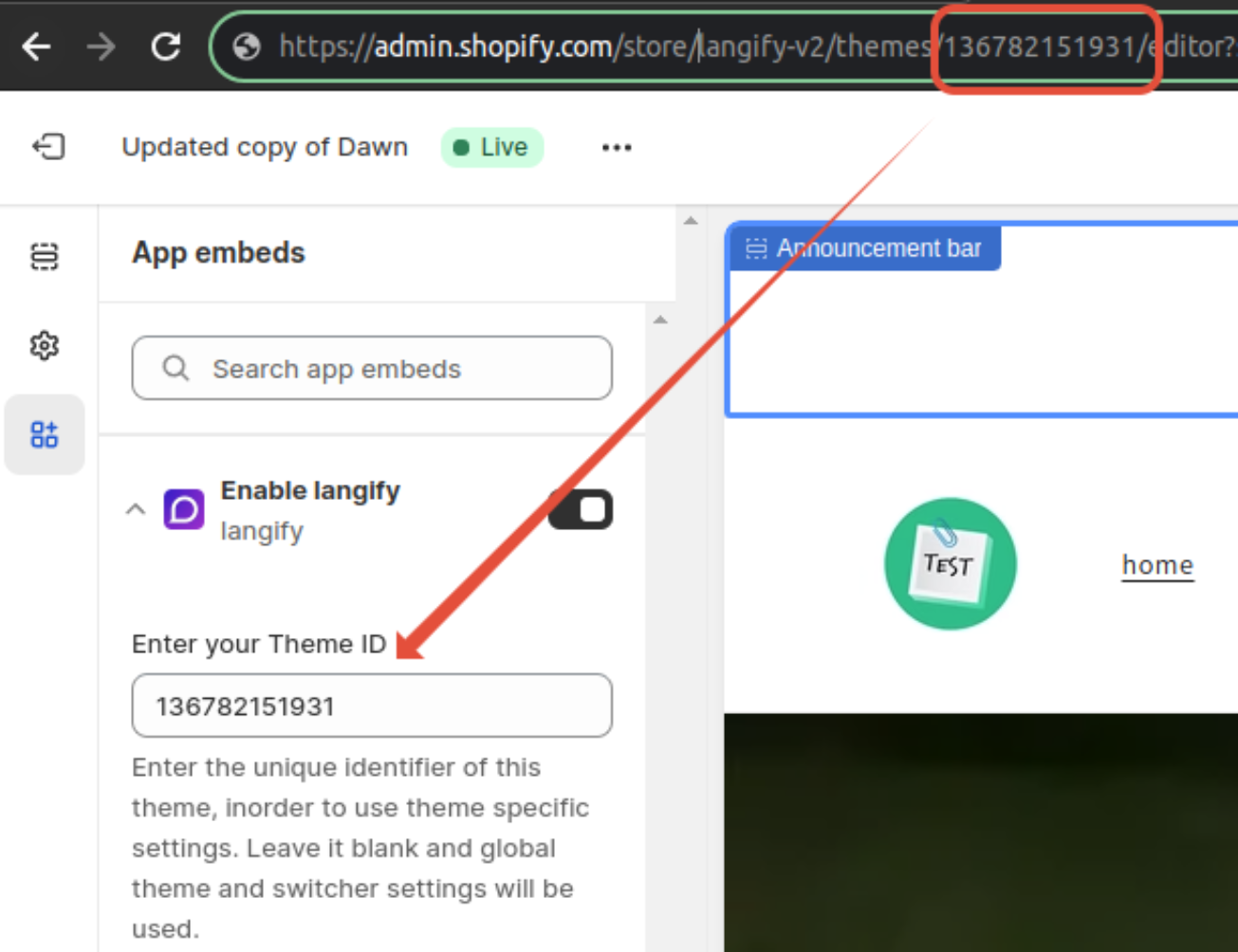 How to find the current theme's ID in the URL in order to add it into the field of the langify embedded app settings