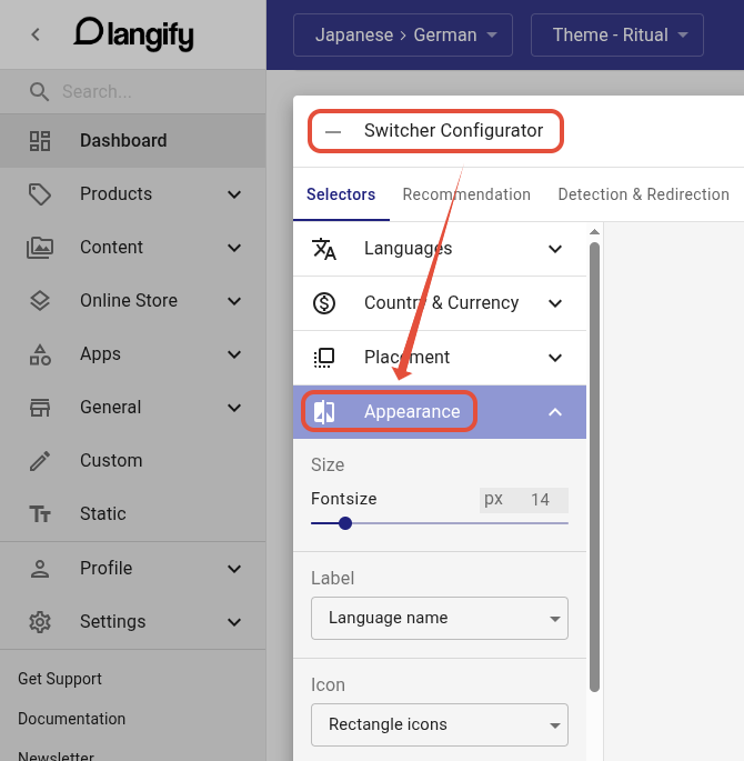 Appearance settings in the langify Switcher Configurator