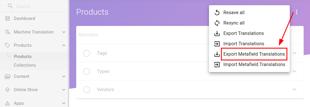 Export Metafield Translations option in the langify Product section