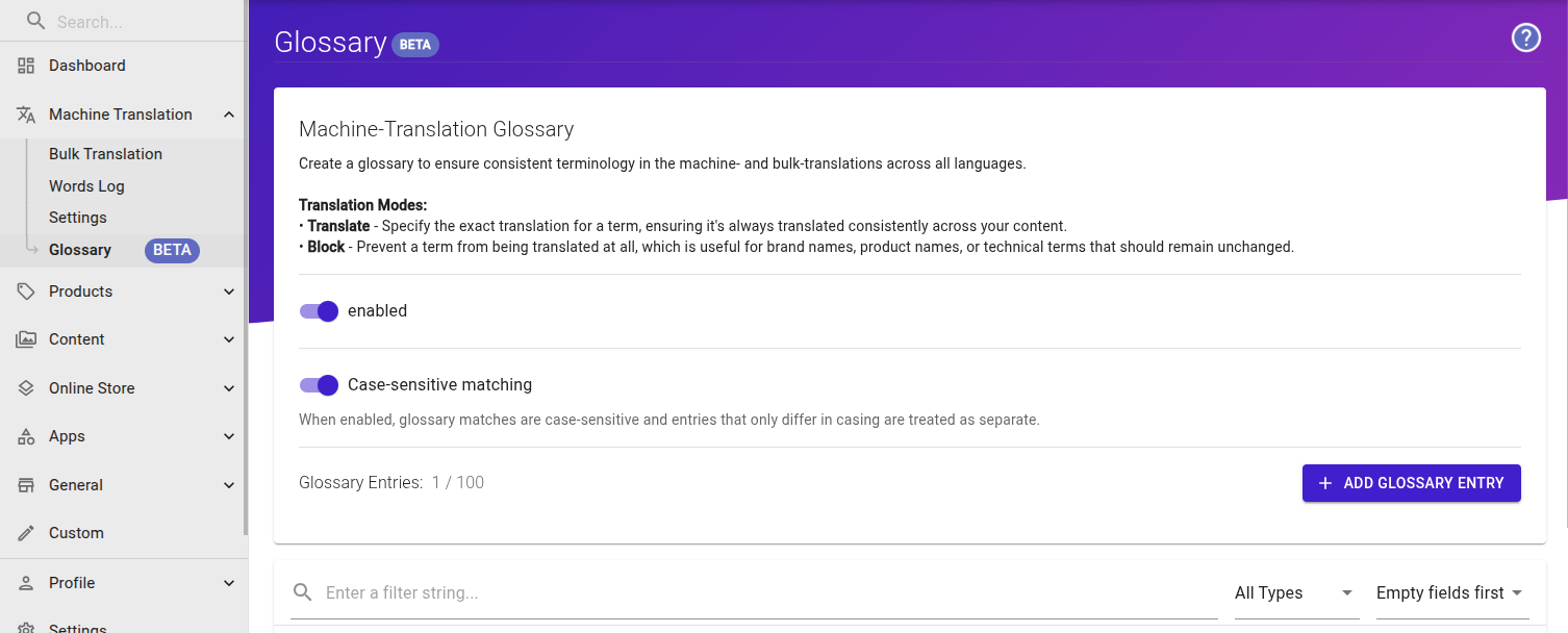 The langify Machine Translation menu with the Glossary option highlighted, showing the Machine-Translation Glossary page with an Add Glossary Entry button