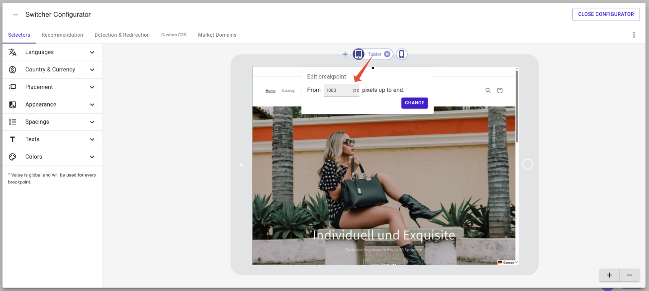 Breakpoint in the Switcher Configurator with hover state showing the edit option