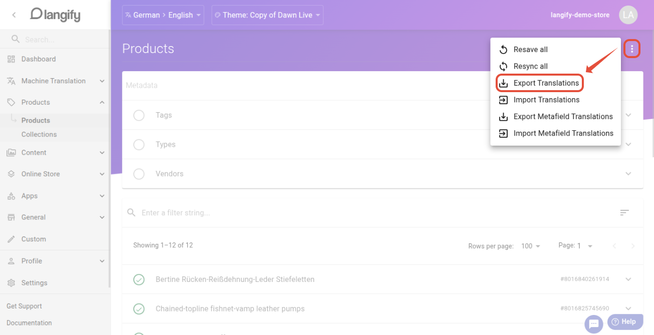 Langify Products section with the three dots menu open, showing the Export Translations option
