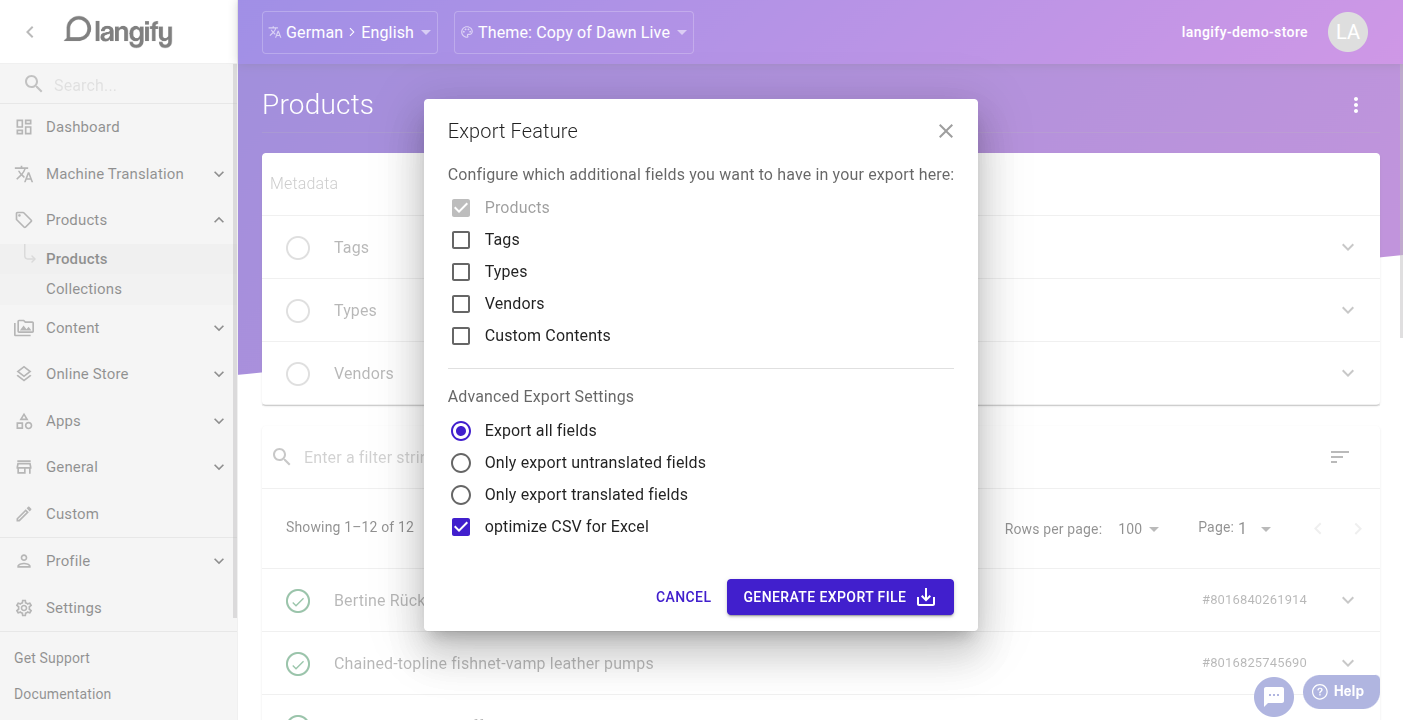 Export Translations popup in langify with format and language options