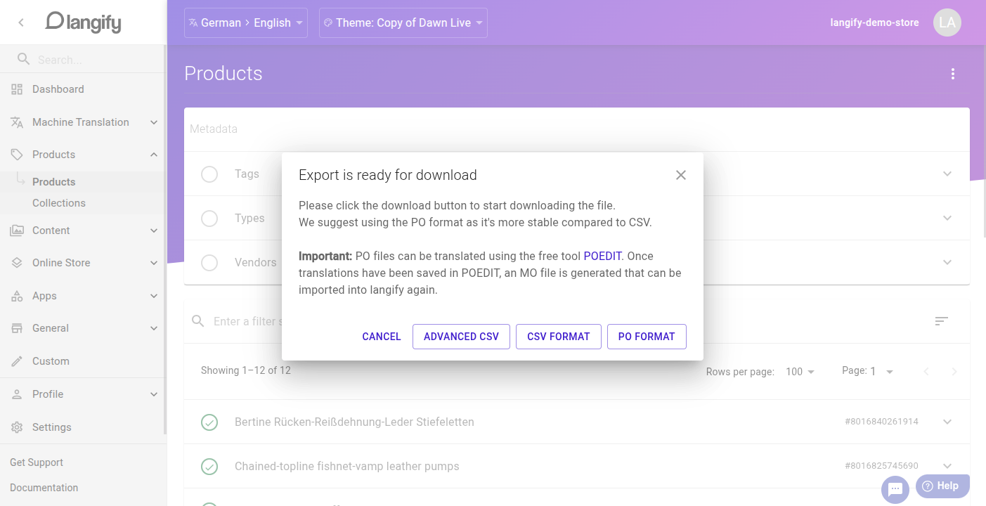 Export dialog in langify showing the Generate Export File button and CSV/PO download options