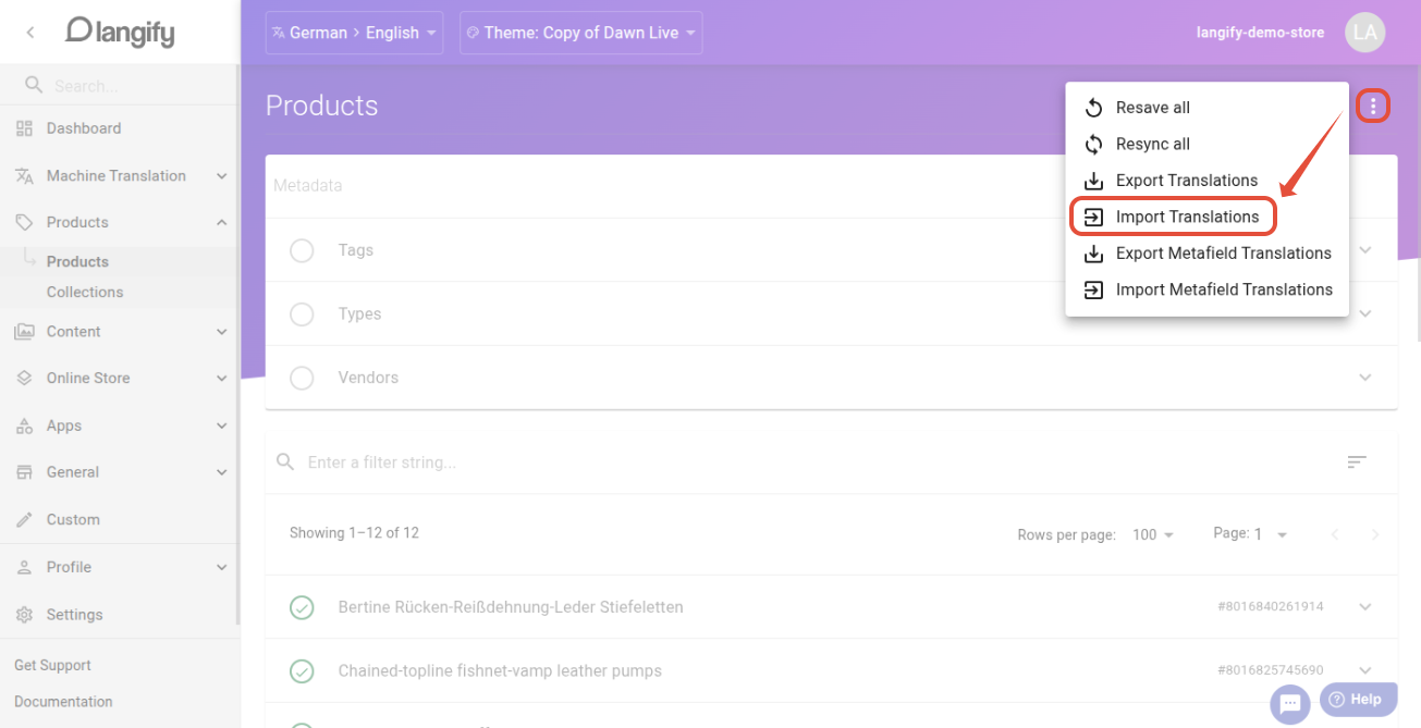 Langify section with the three-dot menu open, showing the Import Translations option