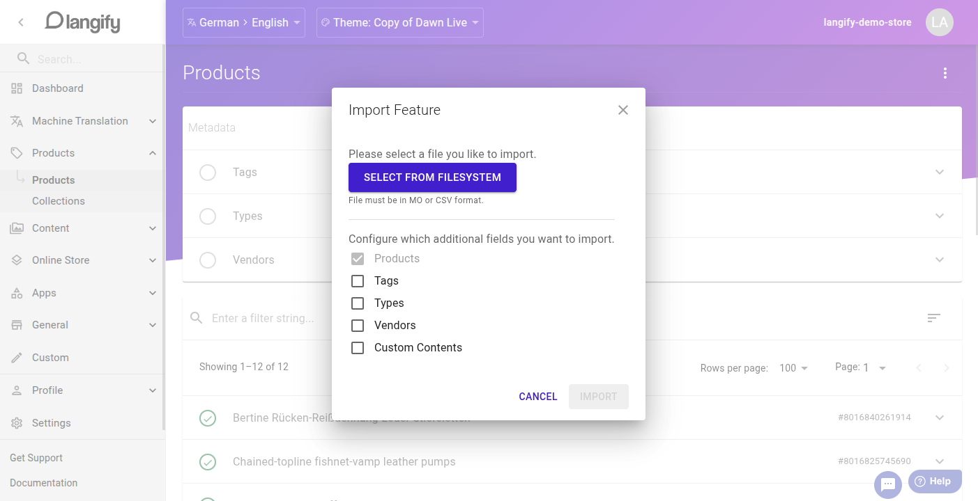 Import Translations popup in langify with the Select From Filesystem button