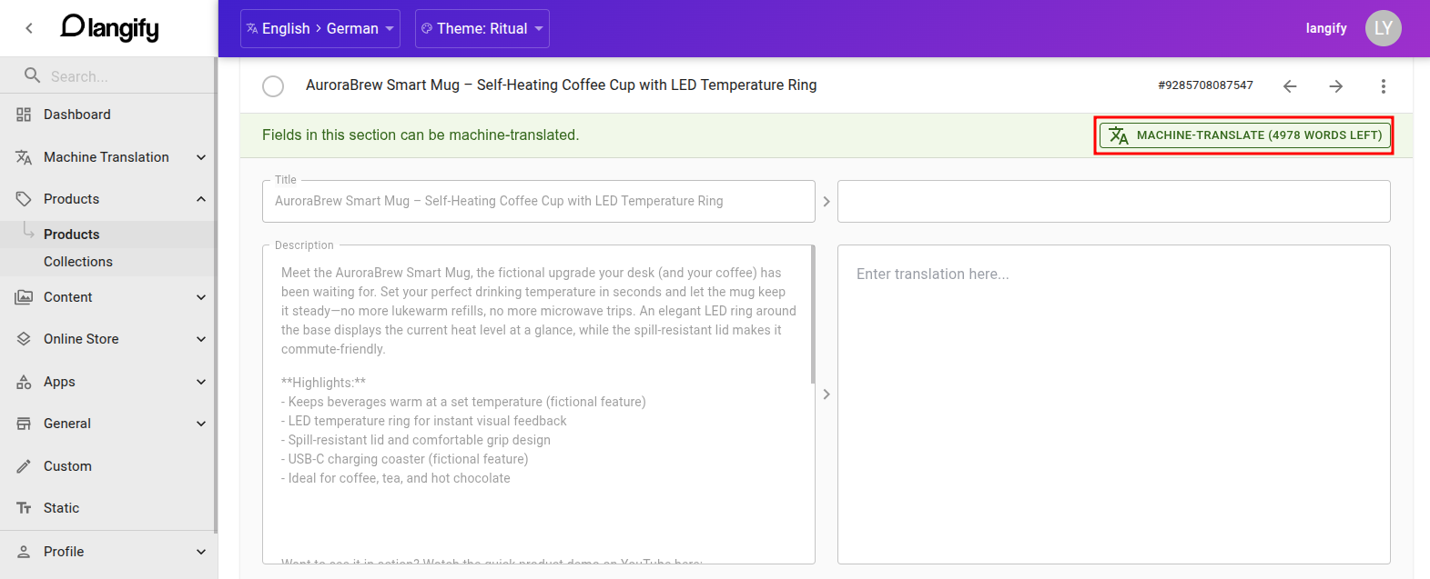 Each untranslated item in the Product section can be singularly machine-translated using the green machine-translate button