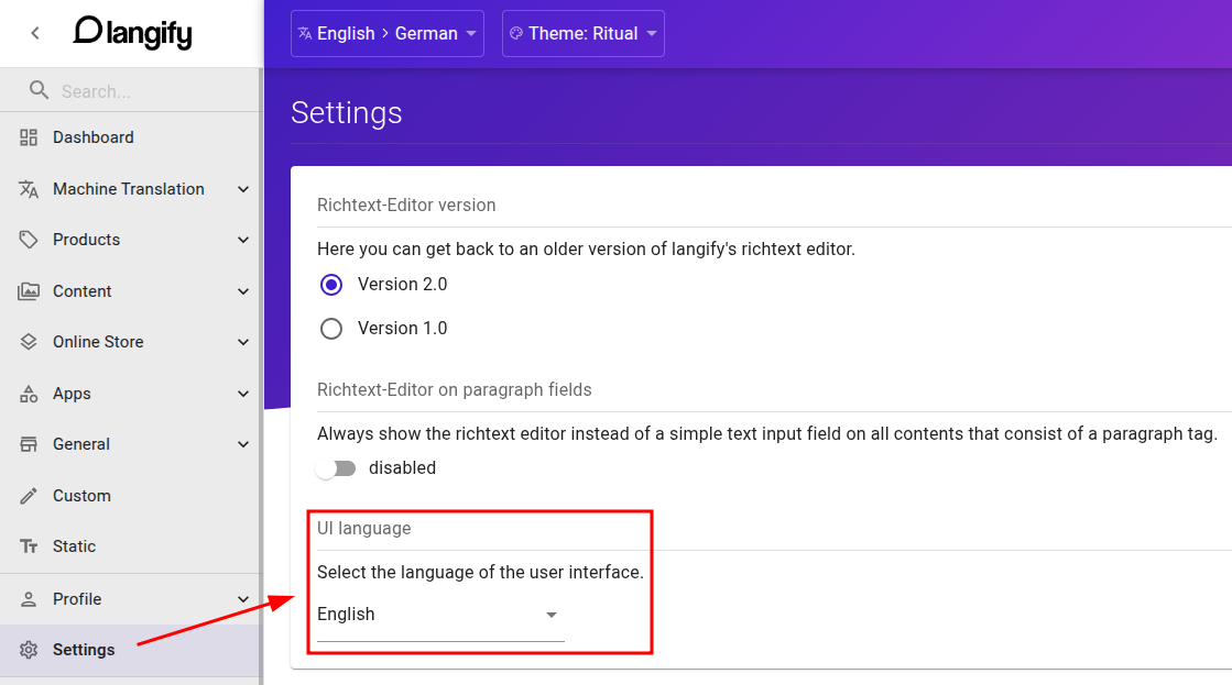 Screenshot: selecting the interface language in langify Settings