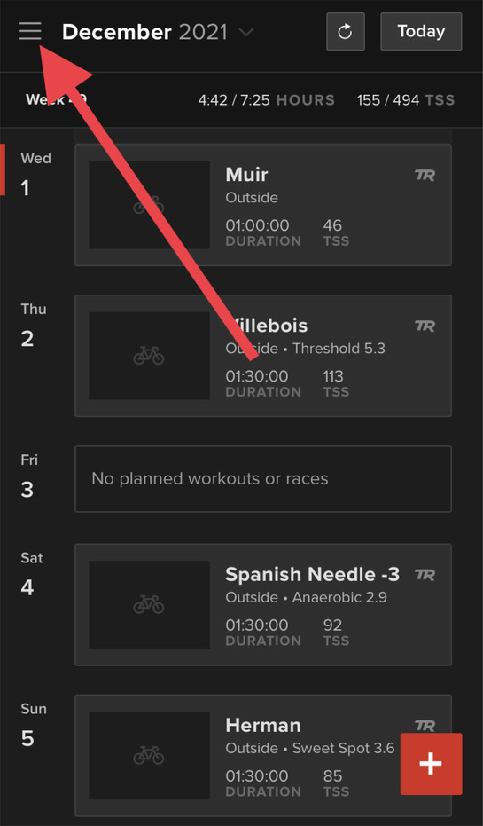 Selecting the options menu in the top left of the Trainer Road app