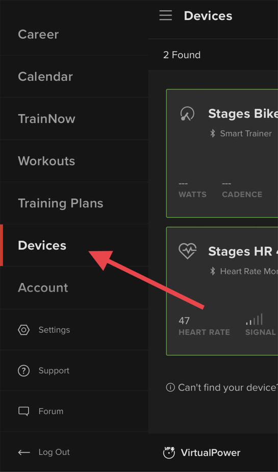 Select the Devices option in the Trainer Road menu