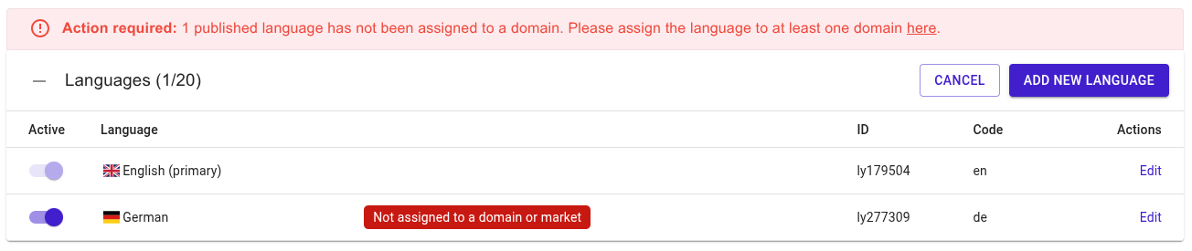 If a language is not published, a red warning will appear at langify → Dashboard → Languages